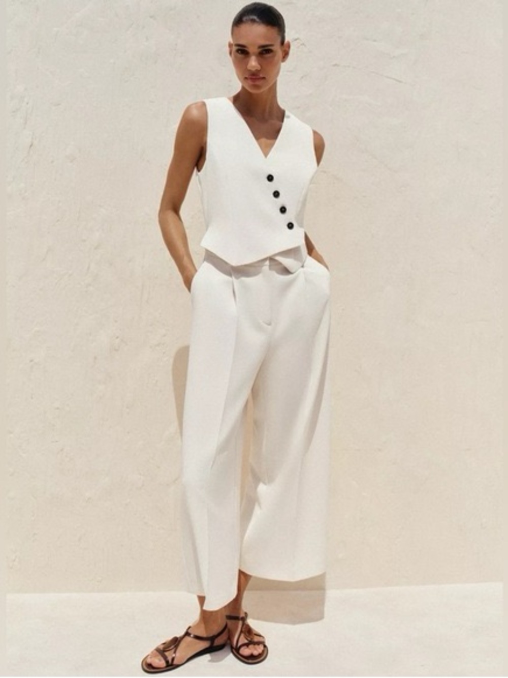 NWT ZARA Elegant White Wide-Leg Jumpsuit with V-Neck Vest